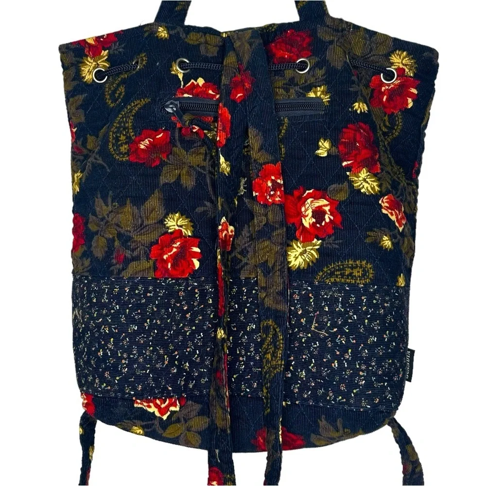 Vintage Scandia Floral Book Bag / Back Pack Black / Red / Yellow Plaid Interior